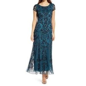 Pisarro Nights Teal Beaded Sequin Gown Dress Womens 2 Short Sleeve Formal Maxi